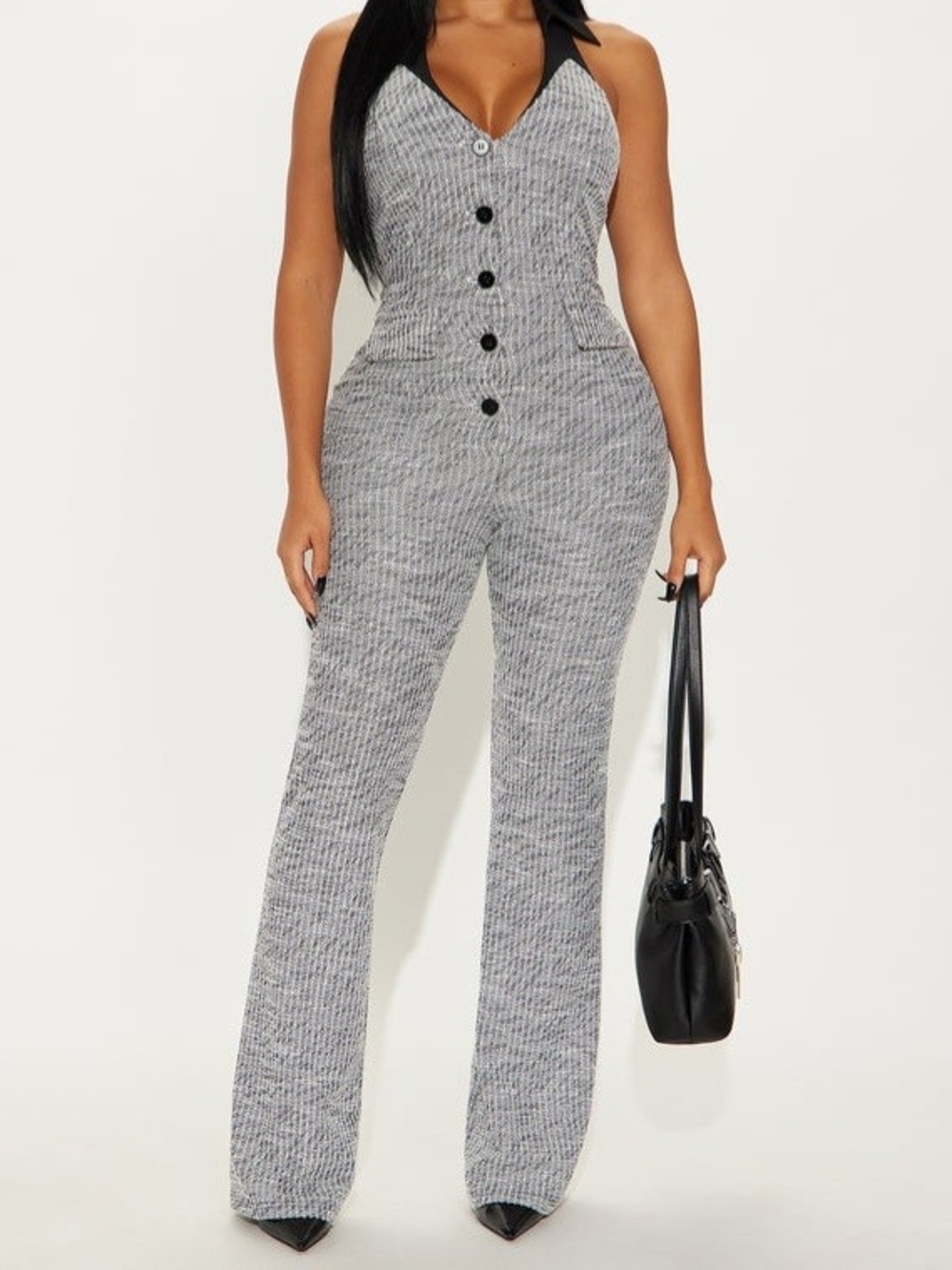 Grey Tweed Jumpsuit Flared Leg